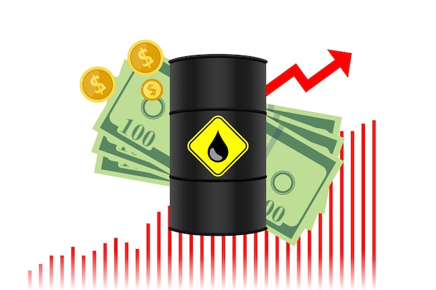 Concetto di aumento del prezzo del petrolio Ugello della pompa del carburante giallo della benzina isolato con olio a goccia su una crescita rossa