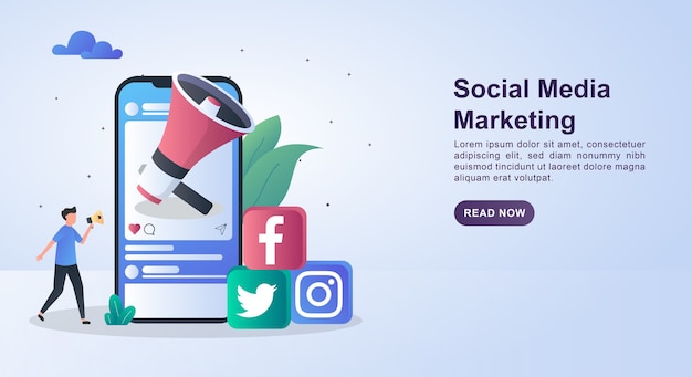 Concetto di banner di social media marketing con un grande megafono sullo schermo.