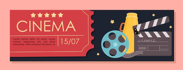 Concetto di banner pubblicitario cinematografico Ciak e altoparlante dei registi di nastri Produzione di serie e film Commercio di marketing su Internet Illustrazione vettoriale piatta isolata su sfondo rosa