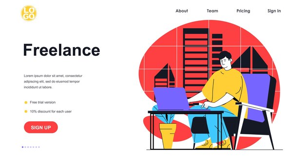 Concetto di banner web di lavoro freelance. Libero professionista che svolge attività sul computer portatile seduto in poltrona a casa. Posto di lavoro del lavoratore remoto, modello di pagina di destinazione. Illustrazione vettoriale con scena di persone in design piatto