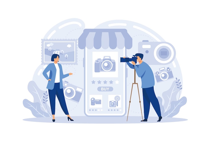 Vettore concetto di banner web per lo shopping online cliente di e-commerce sull'app di vendita sul telefono cellulare negozio di foto
