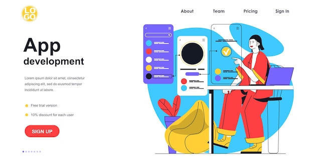 Concetto di banner web per lo sviluppo di app. La programmatrice donna crea e ottimizza l'applicazione dell'interfaccia del telefono cellulare, programmando il modello della pagina di destinazione. Illustrazione vettoriale con scena di persone in design piatto