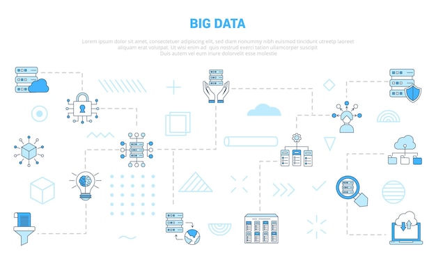 Concetto di big data con banner modello set di icone con stile moderno di colore blu