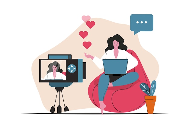 Concetto di blog isolato. Creazione di contenuti video, promozione online, lavoro di blogger. Scena di persone nel design piatto del fumetto. Illustrazione vettoriale per blog, sito Web, app mobile, materiale promozionale.