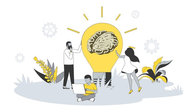 Concetto di brainstorming in design piatto con persone Uomo e donna generano nuove idee trovando soluzioni per pensare e discutere in una riunione di lavoro Illustrazione vettoriale con scena del personaggio per banner web
