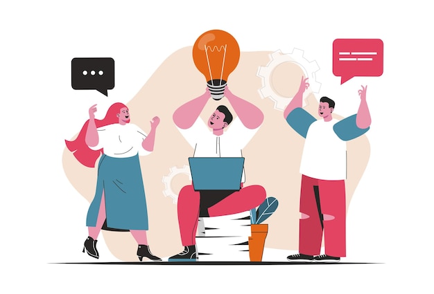 Concetto di brainstorming isolato. Lavoro di squadra sul progetto, generazione di nuove idee, innovazioni. Scena di persone nel design piatto del fumetto. Illustrazione vettoriale per blog, sito Web, app mobile, materiale promozionale.