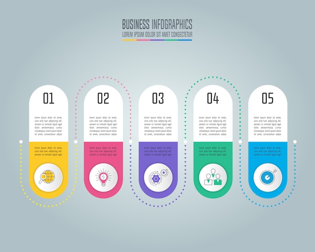 Concetto di business design infografica con 5 opzioni, parti o processi.