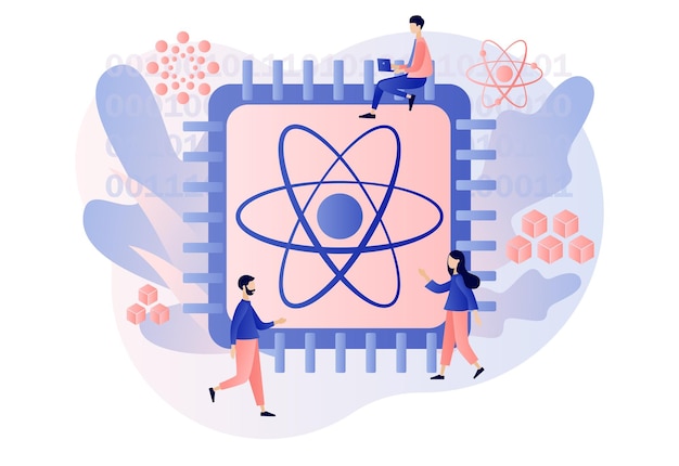 Concetto di calcolo quantistico Ingegneri e scienziati minuscoli che lavorano con un grande computer quantistico