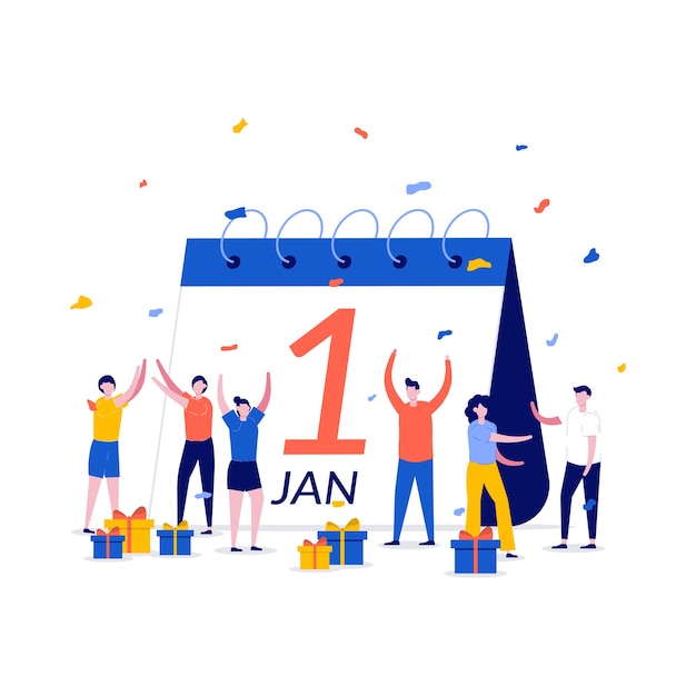 Concetto di calendario internazionale di capodanno con carattere. Persone che si danno regali e festeggiano il nuovo anno.