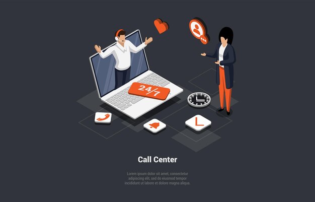 Concetto di Call Center Supporto tecnico Hotline L'operatore consiglia ai clienti Donna Chiama il supporto tecnico o la linea di assistenza 24 7 Per risolvere il problema Adout Service Isometrico 3d Cartoon Vector Illustration