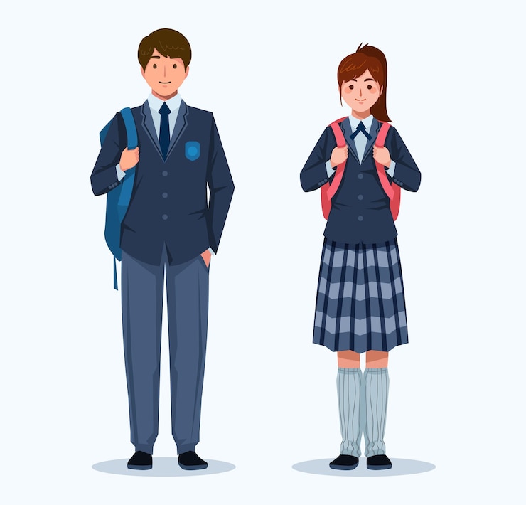 Vettore concetto di carattere degli studenti delle scuole superiori con collezione uniforme