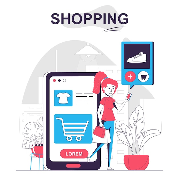 Concetto di cartone animato isolato per lo shopping La donna sceglie i prodotti nell'app mobile paga gli acquisti