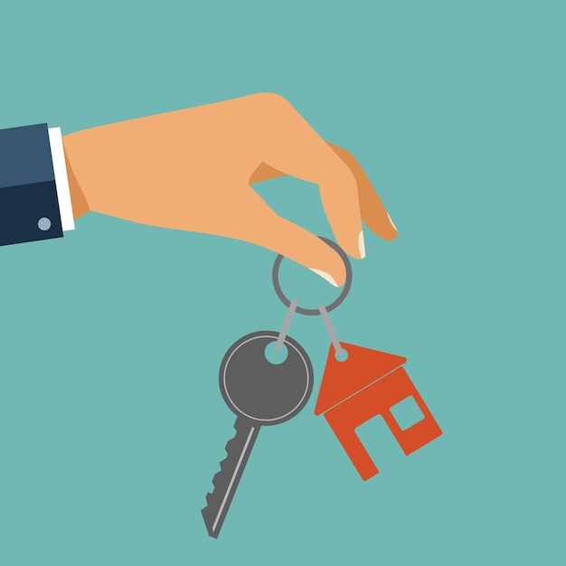 Concetto di casa in affitto L'agente immobiliare detiene la chiave da casa Modello in vendita casa in affitto