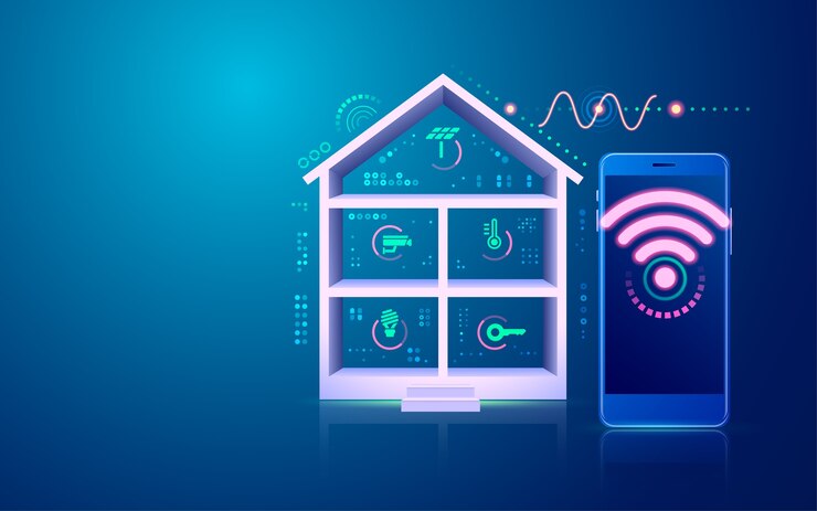 Vettore concetto di casa intelligente o internet delle cose (iot), interfaccia grafica della tecnologia domestica
