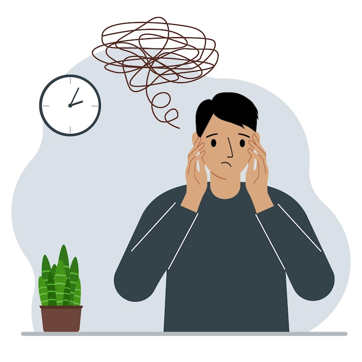 Vettore concetto di cattivi pensieri un uomo si sente depresso con pensieri dopo eventi negativi infelice sofferenza tristezza depressione illustrazione piatta vettoriale