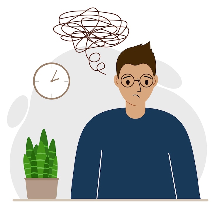 Vettore concetto di cattivi pensieri. un uomo si sente depresso con pensieri dopo eventi negativi, infelicità, sofferenza, tristezza, depressione.