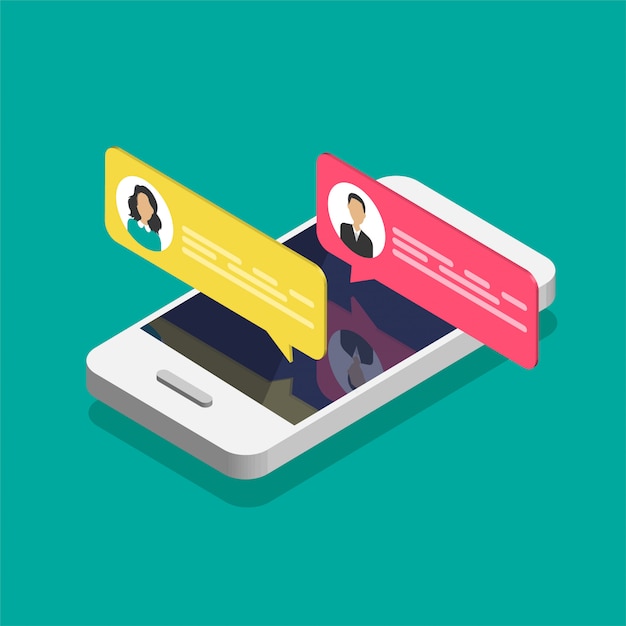 Concetto di chat online. Smartphone isometrico con finestre di dialogo.