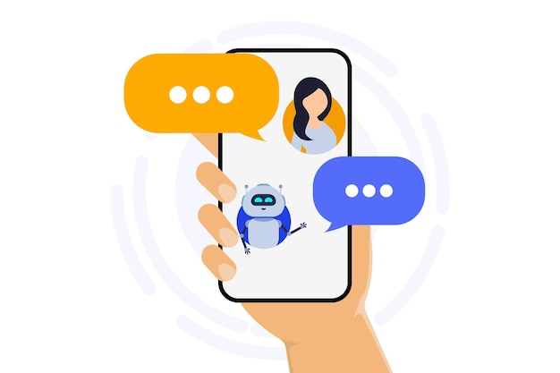 Concetto di chatbot Mano che tiene il telefono con l'illustrazione della donna che chatta con il chat bot nello smartphone Utente che chatta con il chat bot sullo smartphone Assistenza clienti Illustrazione vettoriale