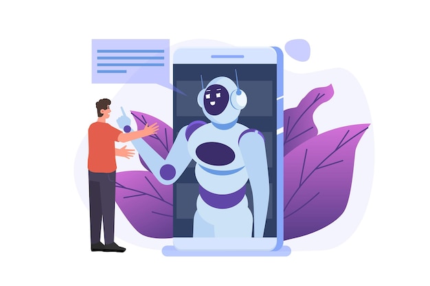 Concetto di chatbot. Uomo che parla con robot. Servizio di assistenza clienti Android, dialogo di intelligenza artificiale.