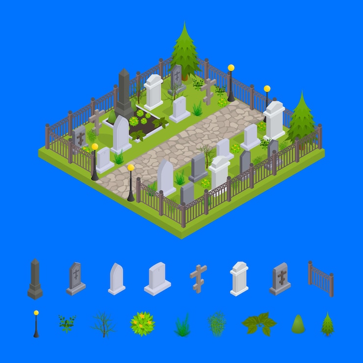 Vettore concetto di cimitero ed elementi vista isometrica 3d parte della mappa con croce tombale e lapide illustrazione vettoriale del cimitero e della tomba