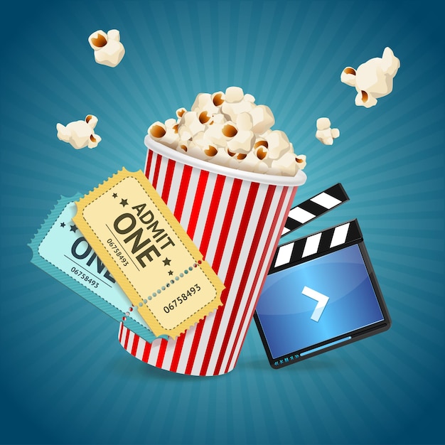 Concetto di cinema. Modello di poster con battaglio di pellicola, popcorn, biglietti.