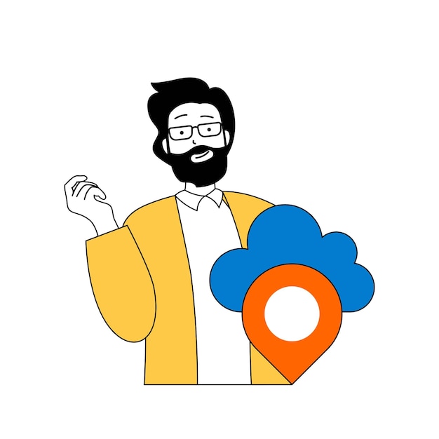 Concetto di cloud computing con persone cartoni animati in design piatto per il Web Uomo che condivide il pin di posizione utilizzando l'infrastruttura della tecnologia cloud Illustrazione vettoriale per materiale di marketing banner sui social media