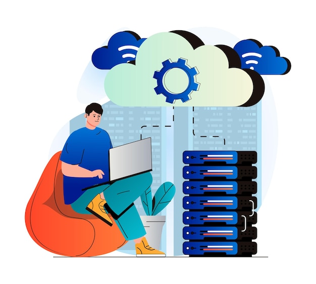 Concetto di cloud computing in un moderno design piatto L'uomo lavora al laptop e utilizza le tecnologie cloud