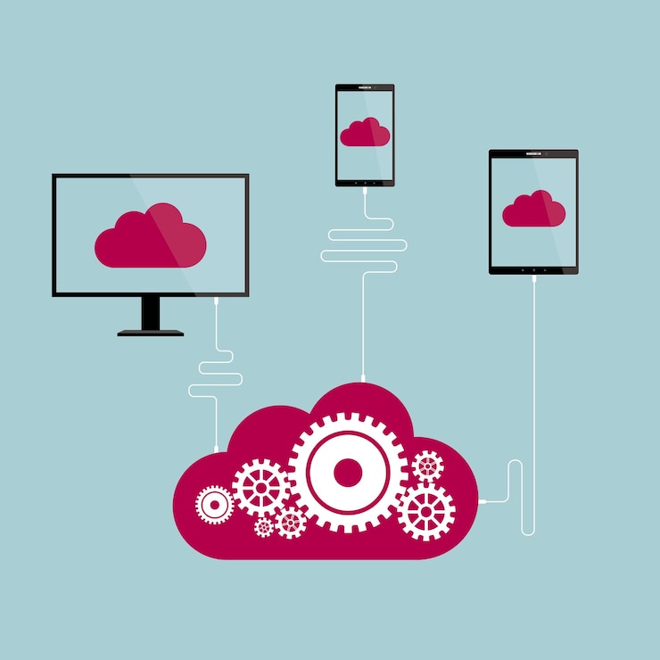 Vettore concetto di cloud computing, isolato su sfondo blu.