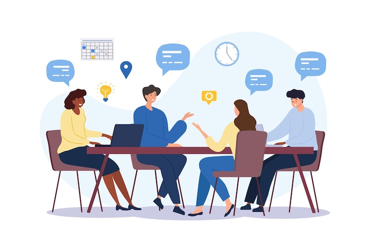Vettore concetto di comunicazione aziendale gruppo di dipendenti che discutono l'idea a tavola brainstorming e azienda