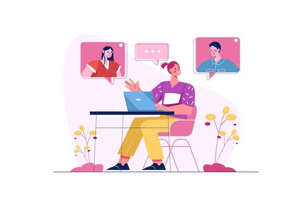 Concetto di comunicazione video con la scena delle persone nel design del cartone animato piatto