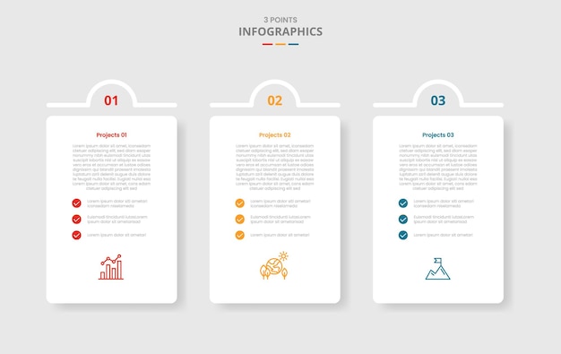 Concetto di confronto del modello a 3 punti per l'infografica con scatola verticale con mezzo cerchio in cima badge con stile d'ombra a goccia con informazioni di lista a due punti