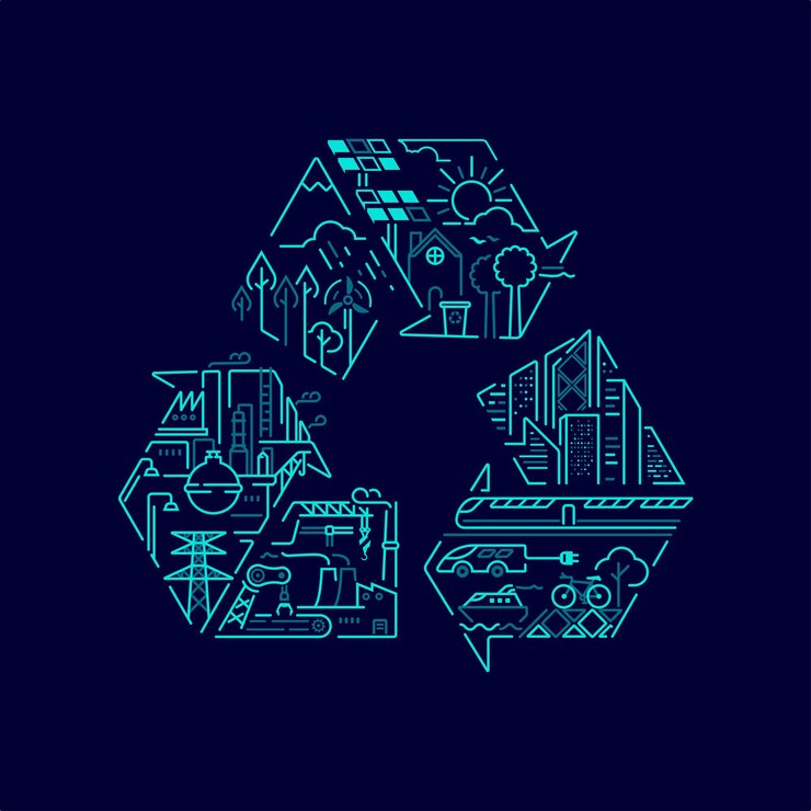 Vettore concetto di conservazione dell'ambiente o sistema ecologico, grafica del simbolo di riciclo con significato sostenibile all'interno