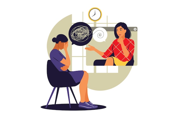 Concetto di consulenza psicologica. Servizio di assistenza psicologica online. Illustrazione vettoriale. Appartamento.