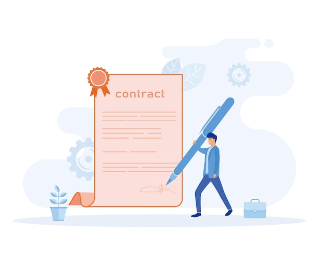 Concetto di contratto aziendale Carattere che firma il documento legale leggendo i termini e le condizioni del contratto