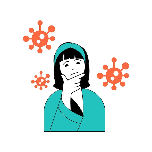 Concetto di coronavirus con persone dei cartoni animati in design piatto per il web Donna che previene le malattie e ferma la diffusione del virus influenzale Illustrazione vettoriale per materiale di marketing banner sui social media