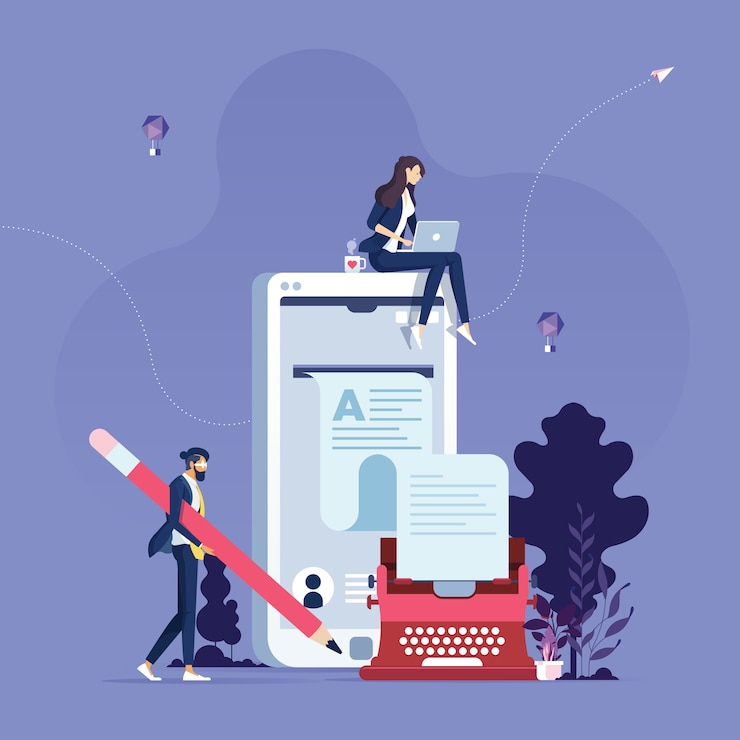 Vettore concetto di creazione di articoli per blog di autori di contenuti