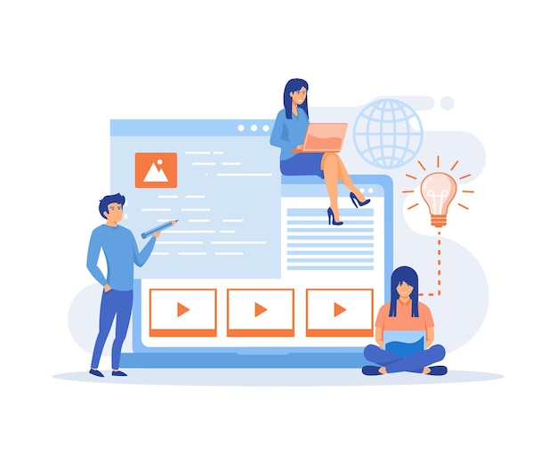 Concetto di creazione di blog Autori di blog che scrivono articoli Scrittori freelance con laptop che creano contenuti di social media illustrazione vettoriale piatta moderna