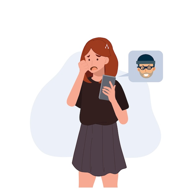 Concetto di criminalità online online social media fraudUna donna sta spaventando un ladro da smartphone piatto Illustrazione del personaggio dei cartoni animati vettoriali