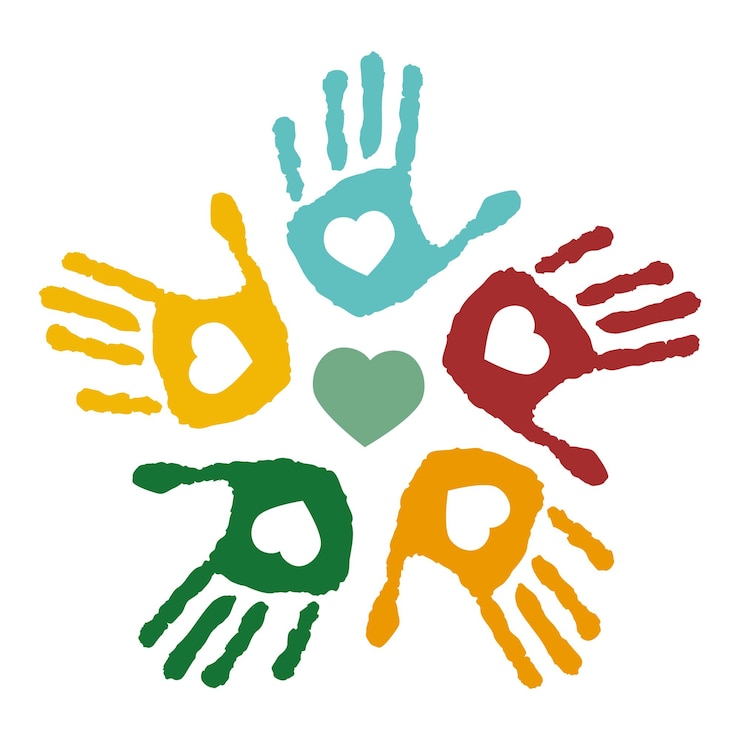 Vettore concetto di cuore con stampe di mani umane per bambini illustrazione vettoriale l'immagine è isolata su uno sfondo bianco amore cura amicizia famiglia tolleranza sicurezza un simbolo di amicizia