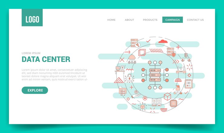 Concetto di data center con icona circolare per modello di sito Web o home page della pagina di destinazione