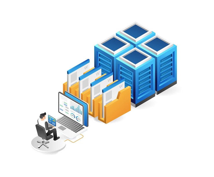 Vettore concetto di data center isometrico archiviazione e hosting cloud sala server del data center e cloud computing illustrazione vettoriale