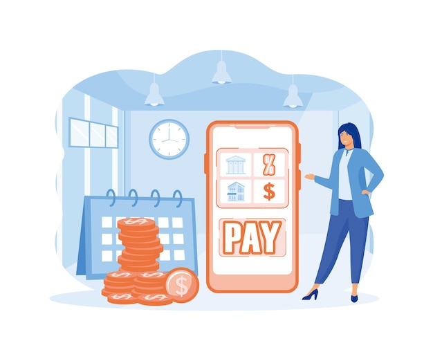 Concetto di data di pagamento Donna con programma di pagamento pagare denaro per tassi di interesse tasse capitale e fatture finanziarie per periodo mensile vettor piatto illustrazione moderna