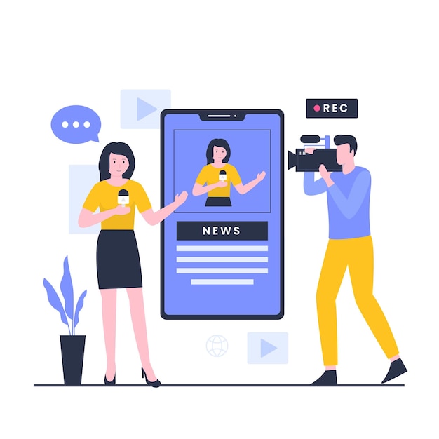 Concetto di design dell'illustrazione del giornalista per poster e banner di app mobili di pagine di destinazione di siti Web