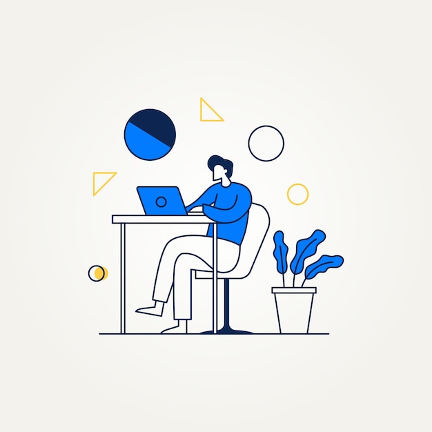 concetto di design piatto moderno line art di uomo d'affari di marketing che lavora al computer portatile