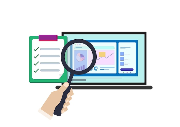 Concetto di design piatto Ottimizzazione del motore di ricerca Analisi di marketing Banner vettoriale SEO su sfondo isolato