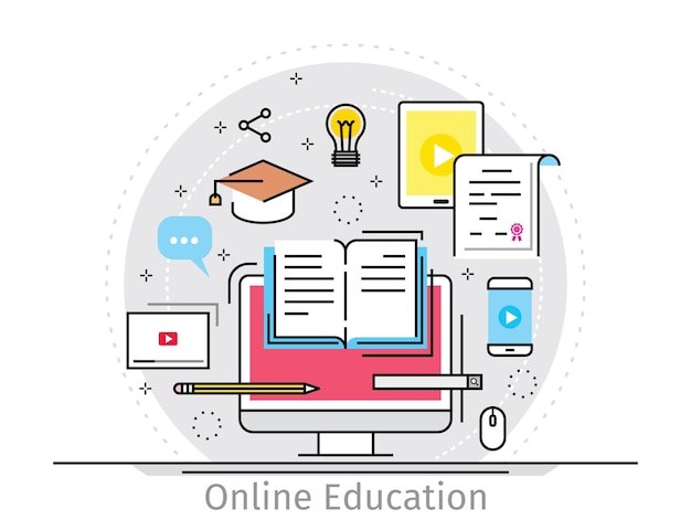 Concetto di design piatto sottile linea di formazione online