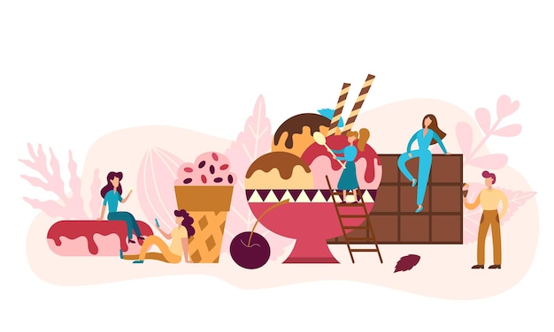 Concetto di dessert con persone minuscole. Uomini e donne che mangiano gelato e cioccolato.