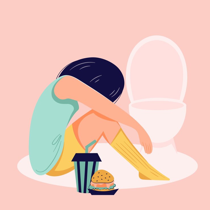 Vettore concetto di disturbo alimentare purga di ragazza dopo aver mangiato problema di bulimia illustrazione di persona piatta