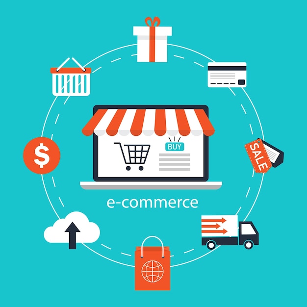 Concetto di e-commerce Banner di acquisto e consegna online. illustrazione vettoriale in stile piatto.