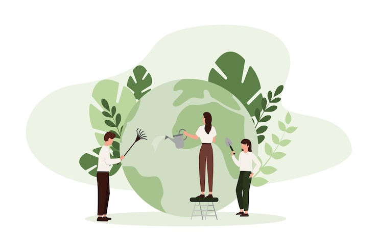 Vettore concetto di ecologia le persone si prendono cura dell'ecologia del pianeta pulizia della piantagione e dell'irrigazione verdi giardinaggio ambientale e agricoltura alimentare in tutto il mondo le persone salvano l'ambiente del pianeta verde